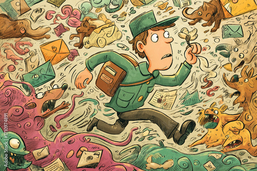 Humorous cartoon style drawing of mail carrier running through chaotic scene filled with animals, letters, and packages. vibrant illustration captures sense of urgency and whimsy