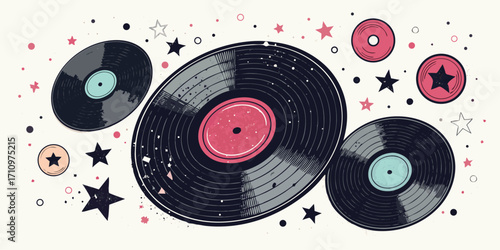 Trendy elements vinyl records with photocopy effect. Grunge punk dotted stickers for collage, poster, print, music cove. Vector illustration on an isolated background