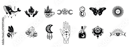 Set of witch and magic collection. boho symbols in tarot card design style. mystical and fantasy in monoline vector