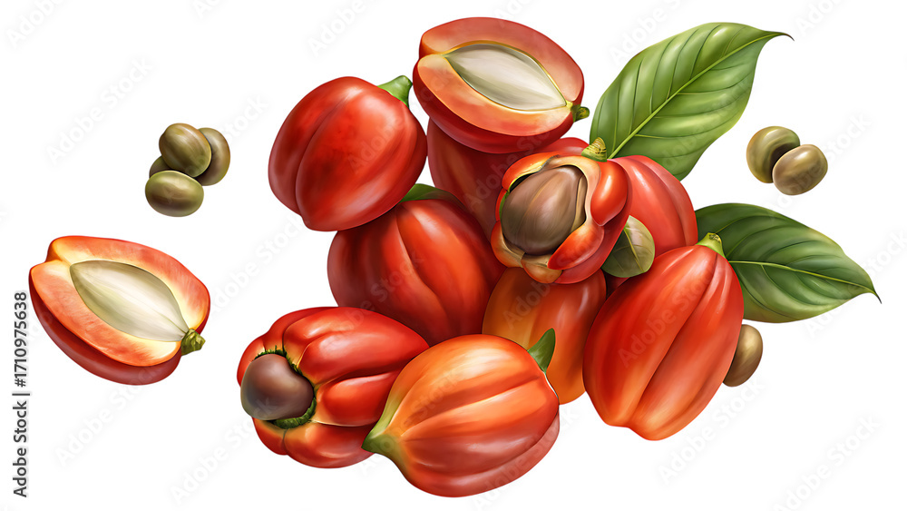 Obraz premium Pile of mamoncillo fruits with leaves and seeds isolated on transparent background, a tropical fruit native to south america