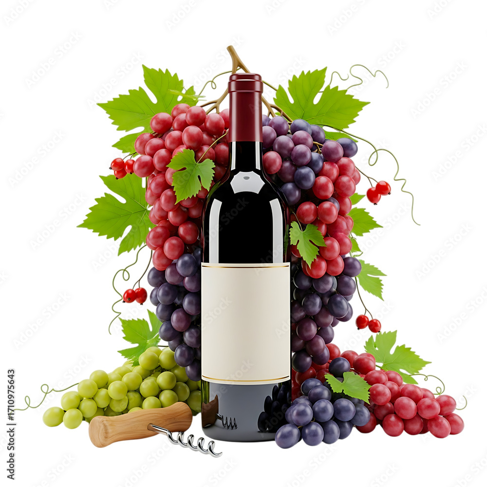 Fototapeta premium Bottle of red wine with red and green grapes isolated on transparent background
