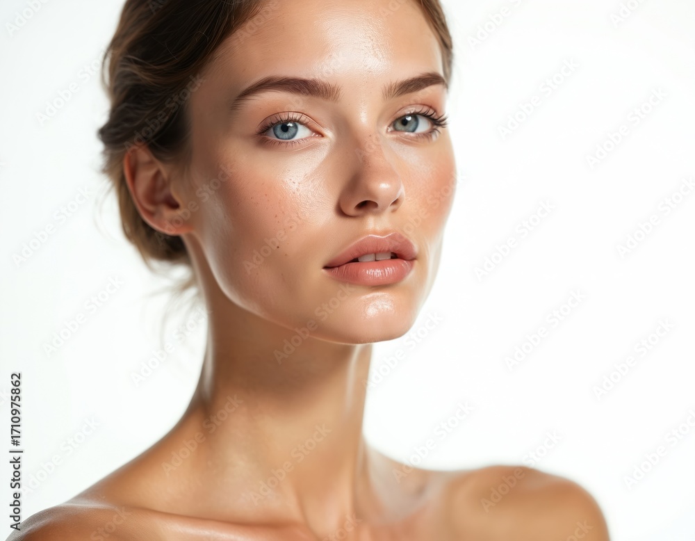 Obraz premium Portrait of a young woman. She has fair skin blue eyes and light brown hair. Her skin looks smooth and healthy. The background is white in this photo.