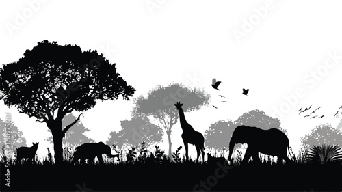 African Safari Animal Silhouette Landscape Scene