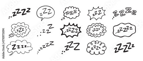Zzz Zzzz bed sleep snore sound bubble set, snooze nap Z sound icon cloud set. Sleepy Zzz doodle hand drawn line icons