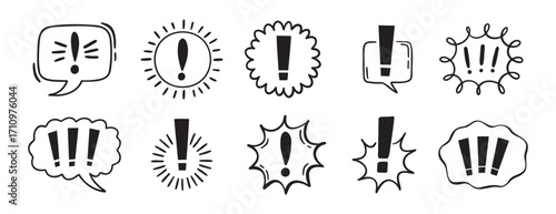 exclamation mark icon with bubble chat set, comix exclamation mark icon doodle hand drawn. Outline line drawing clipart symbol