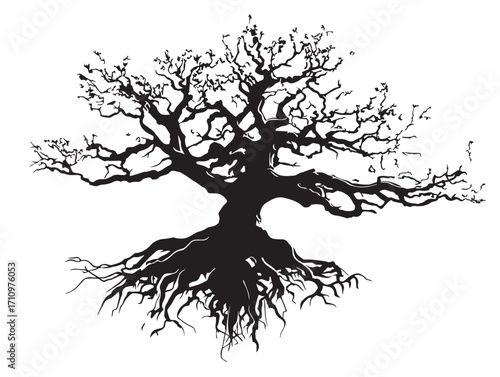 Ancient massive root silhouette vector isolated artistic stock image