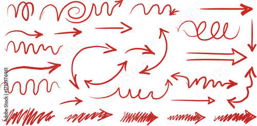 Collection of hand drawn red arrows and swirls on transparent background
