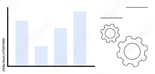 Bar chart with three columns alongside gears symbolizing work process, growth, and optimization. Ideal for data analysis, progress tracking, business solutions, SEO, workflow systems, audience