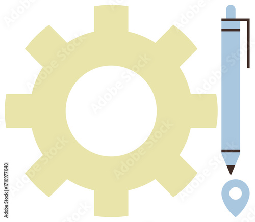 Gear and pen with location marker symbolizing productivity, organization, and navigation. Ideal for workflow, creativity, planning, management, innovation problem-solving business process. Clean