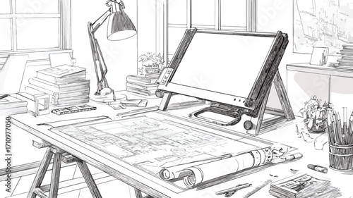 Architect Workspace Vector Outline for Professional Use
