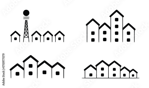 Simple Black and White Icons of Houses and a Tower