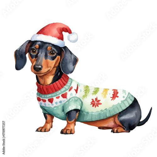 Dachshund dog in New Year's clothes, Christmas tree with toys, gifts with bows, in watercolor style, for packaging, cards and graphic design. Vector.