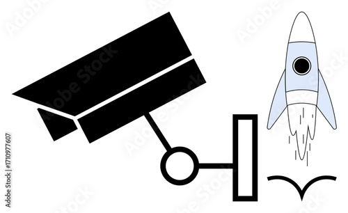 Silhouette CCTV camera facing a launching rocket. Ideal for security, innovation, surveillance, technology, space exploration, monitoring, growth. Modern simple flat metaphor