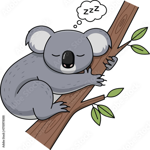 Vector, illustration, koala sleeping on a tree trunk, Australian animal, poster, printing, background