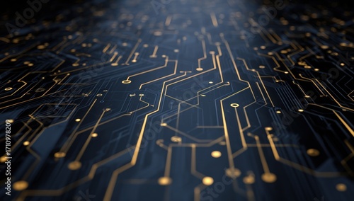 A detailed circuit board design, showcasing intricate gold lines on a dark blue background, emphasizing the complexity of modern technology.