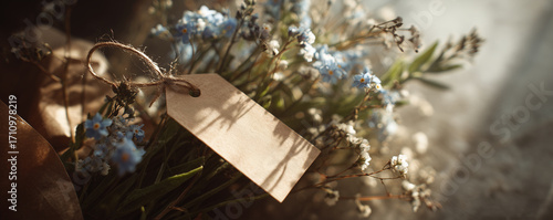 A delightful bouquet of wildflowers, elegantly bundled in rustic craft paper and adorned with a charming handwritten tag, captures the enchanting essence of nature’s beauty in the warm sunlight of Mar