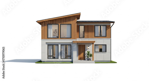 Stylish Modern Two-Story House with Slanted Roof and Wood Paneling on Isolated transparent background