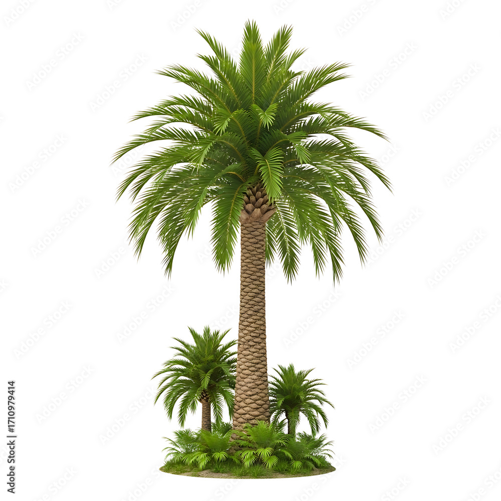 Obraz premium A tall palm tree with smaller palm trees and lush greenery isolated on transparent background