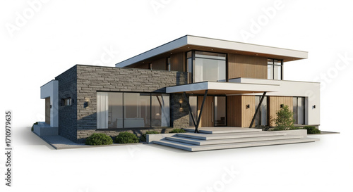 Contemporary Two-Story Luxury House with Stone and Wood Elements on Isolated transparent background