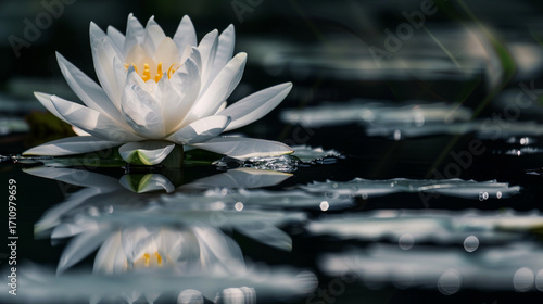 A pristine white lotus flower with a vibrant orange center floats gracefully on a calm, dark body of water, its perfect reflection mirroring its serene beauty, surrounded by lily pads and shimmering b