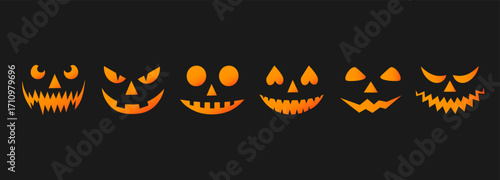 Set of spooky pumpkin smiles in orange on black background. Horror and scary faces. Design for holiday Halloween