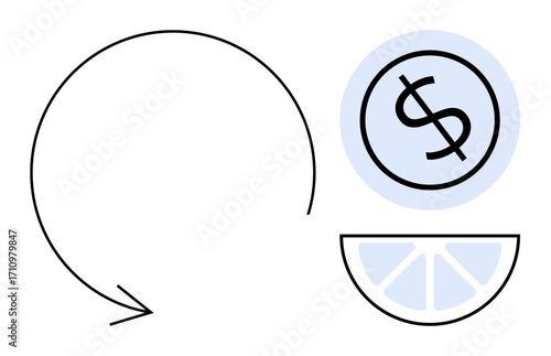 Circular arrow, dollar sign, and citrus slice interact as concepts of growth, finance, and sustainability. Ideal for finance, growth, recycling renewal sustainability economy and cycle. Simple