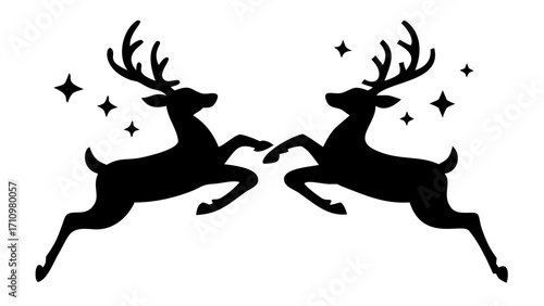 Two black silhouette reindeer leaping with stars scattered around them on a white plain background scene