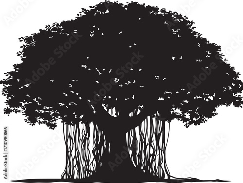 Banyan tree silhouette with aerial roots in bold elegance