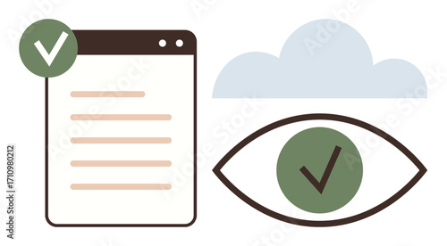 Browser tab with approved checklist, eye symbol with checkmark, soft cloud element. Ideal for approval, security, verification, oversight, privacy cloud storage remote work. Simple flat metaphor