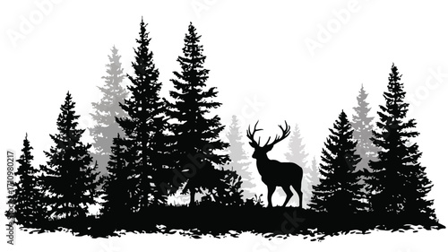 Majestic Deer Silhouette Among Dense Forest Fir Trees at Dusk
