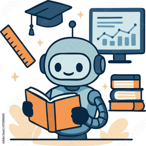 Cute robot reading book computer science education vector illustration scalable eps icon vector
