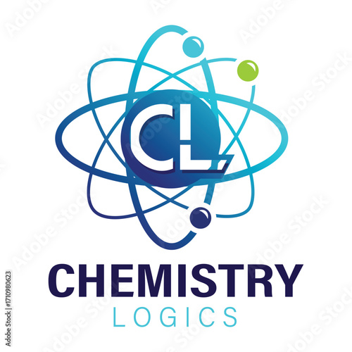 Chemistry Logics Logo with Atom and Molecular Design