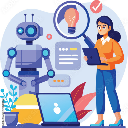 Modern robot and person collaborate with technology and innovation vector