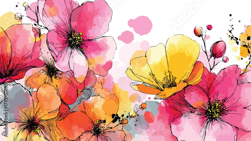 Vibrant Watercolor Florals with Bold Abstract Design