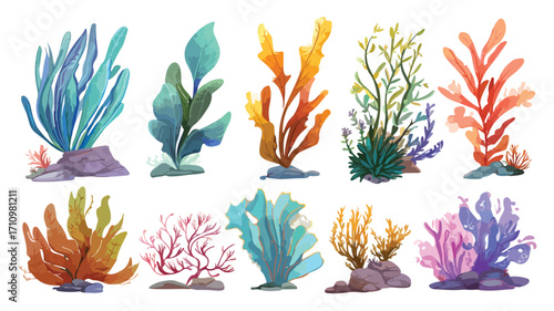 Colorful Cartoon Underwater Scene with Algae and Seaweed Plants