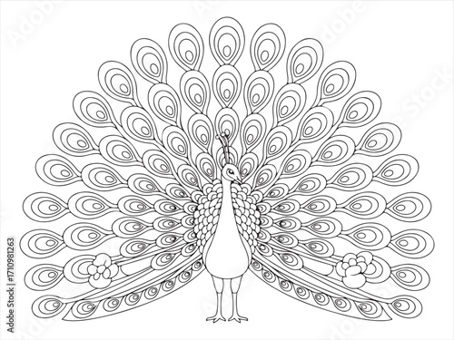 Minimal peacock line art featuring elegant feathers, tail display, and traditional decorative motifs
