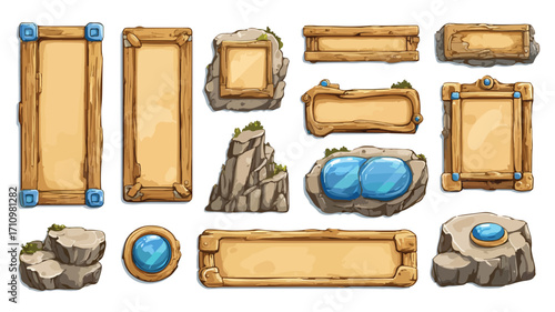 Fantasy Stone Game Menu Board Cartoon UI Set