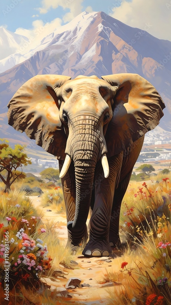 Fototapeta premium Majestic elephant strolls along a sun-drenched path, framed by a breathtaking mountain backdrop.