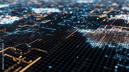 A detailed visualization of urban data, displayed as a network of glowing points and lines.