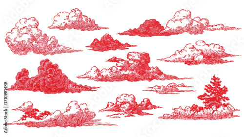 Chinese Clouds Red Silhouettes Icons Set for Creative Projects