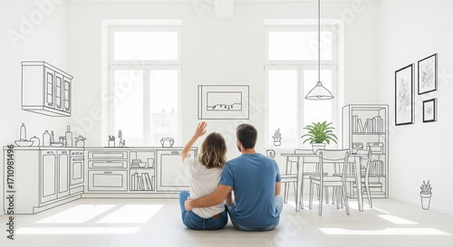 Young couple excitedly planning dream home interior design in bright modern room with hand drawn elements