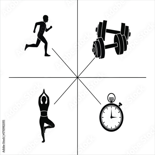 Fitness Elements Collage Running, Weights, Yoga, and Timing