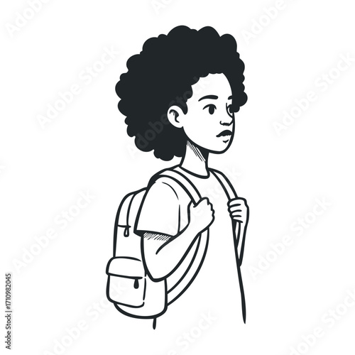 Child walking with backpack in urban setting illustrative artwork youthful exploration creative environment. Vector illustration