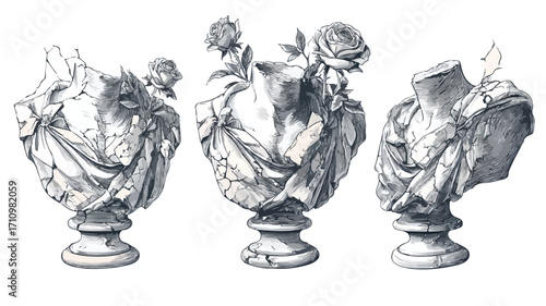 Classical Bust with Broken Details and Rose Adorn - Elegant Antique Sculpture Photo