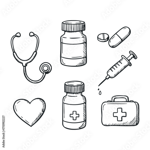 Medical supplies and health tools healthcare facility illustration clinical environment medical concept. Vector illustration