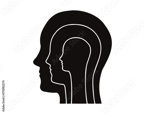 Human mind 3 personality parts. Three parts in head silhouette with three layered profile. conscious, subconscious, and unconscious mind concept