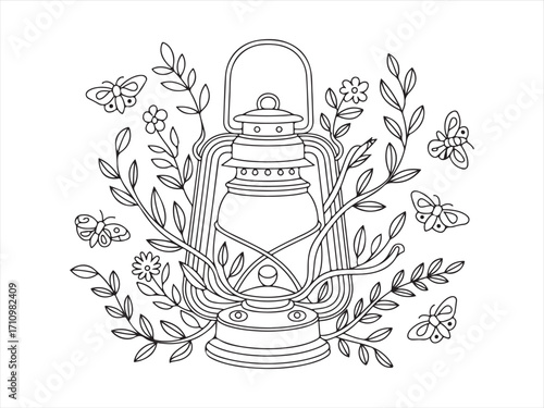 Editable line style lantern illustration with moths and decorative leaves, vintage oil lamp sketch, ornamental nature design for camping, adventure, rustic decoration, tattoo art, and coloring book co
