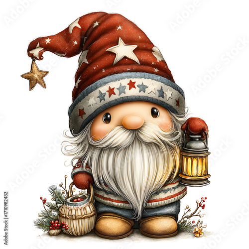 Cute Christmas gnome illustration with red star hat, long white beard, lantern and festive decorations, adorable holiday dwarf artwork for winter celebration and seasonal design