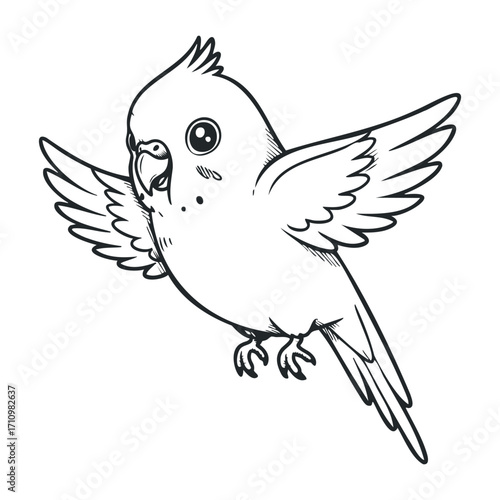 Flying budgerigar in motion indoor setting sketch art whimsical environment side view animated concept for art lovers. Vector illustration