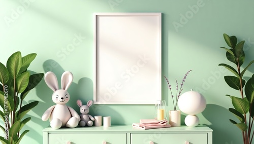 Nursery Room Wall Frame Mockup with Bunny Toys and Plants